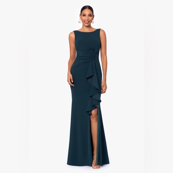 CHRISTINE" SCUBA CREPE RUFFLED BOW GOWN - Picture 1 of 13